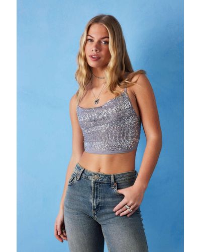 Urban Outfitters Uo Evie Sequin Cowl Neck Crop Top - Blue