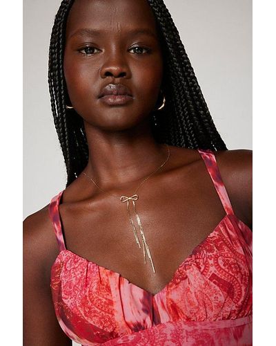 Urban Outfitters Delicate Fringe Bow Necklace - Red