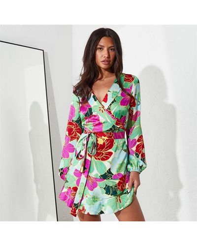I Saw It First Printed Wrap Front Mini Dress - Multicolour