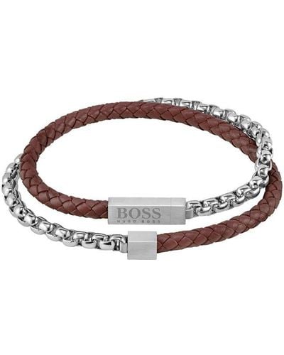 BOSS Gents Blended Leather And Stainless Steel Bracelet - Brown