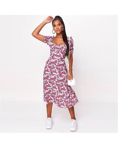 I Saw It First Floral Print Puff Sleeve Button Front Midi Dress - Red