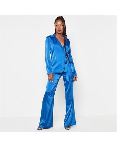 Missguided Flared Satin Trousers - Blue
