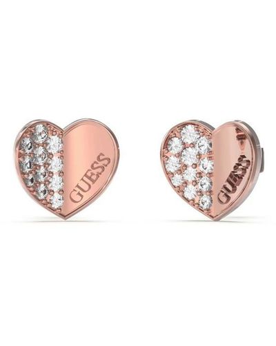 Guess Ladies Rose Gold Pave Heart Stud Earrings - Pink