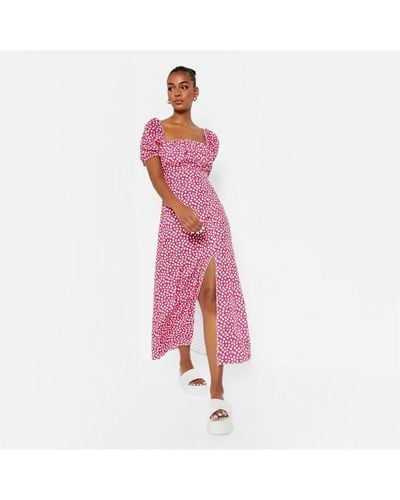 I Saw It First Square Neck Polka Dot Woven Short Puff Sleeve Dress - Pink