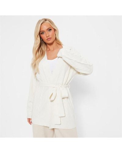 I Saw It First Recycled Knit Blend Cable Knit Belted Cardigan - White