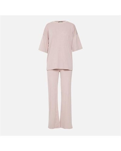 Missguided Rib T Shirt And Wide Leg Trousers Co Ord Set - Pink