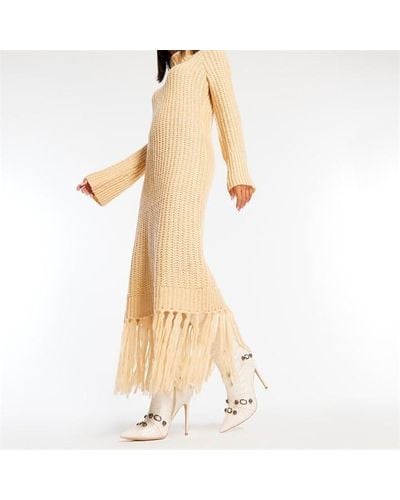 Missguided Fringe Hem High Neck Cable Knit Maxi Dress - Natural