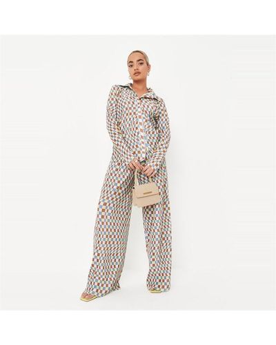 Missguided Petite Checkerboard Wide Leg Plisse Trousers - White