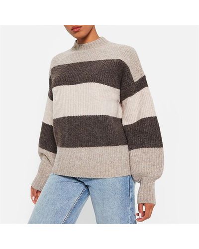 I Saw It First Recycled Knit Blend Balloon Sleeve Stripe Jumper - Grey