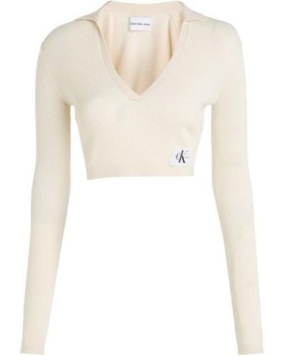 Calvin Klein Ckj Label Tight Crop V-neck Jumper - White