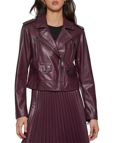 DKNY Zipped Detail Faux Leather Moto Jacket - Purple