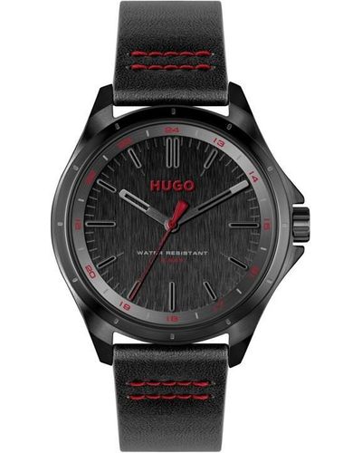 HUGO Gents #complete Black Ip Leather Strap Watch