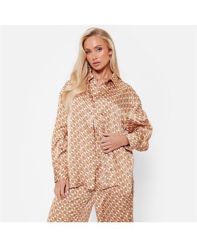 I Saw It First Printed Oversized Satin Shirt Co-ord - Brown