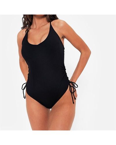 I Saw It First Rib Ruched High Leg Plunge Swimsuit - Black