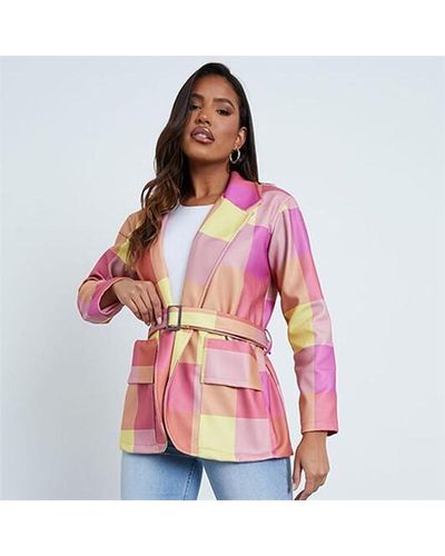 I Saw It First Check Oversized Belted Wool Shacket With Bucket Pockets - Pink