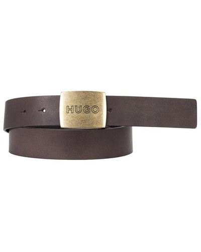 HUGO Leather Belt With Logo Plaque Buckle - Brown