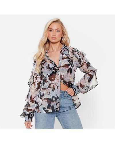 I Saw It First Floral Frill Sleeve Mesh Blouse - Blue