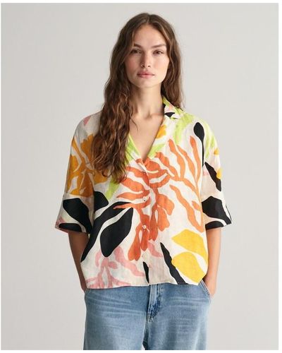 GANT Relaxed Fit Palm Print Linen Short Sleeve Shirt - Multicolour