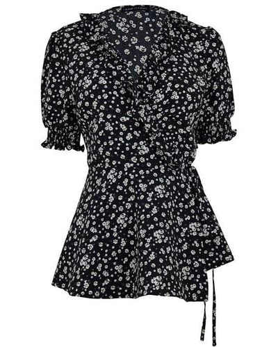 I Saw It First Floral Print Frill Wrap Blouse - Black