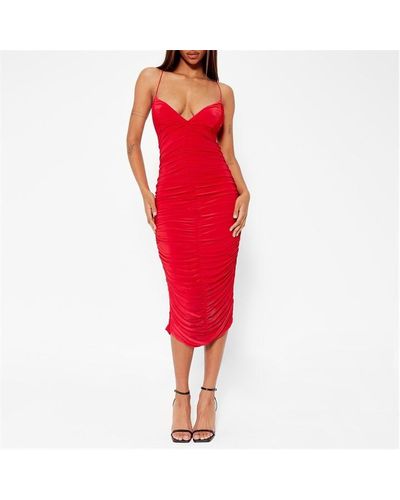 I Saw It First Cross Strap Ruched Slinky Midi Dress - Red