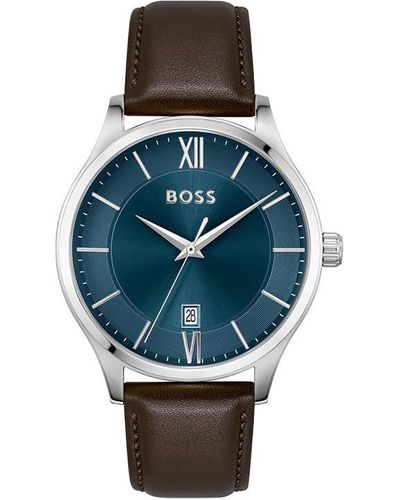 BOSS Gents Elite Brown Leather Strap Watch - Metallic