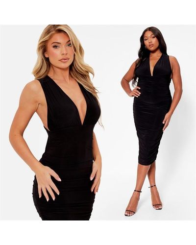 I Saw It First Plunge Cross Back Ruched Bodycon Midi Dress - Black