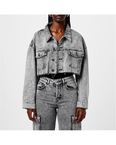 HUGO X Bella Poarch Cropped Relaxed-fit Denim Jacket - Grey