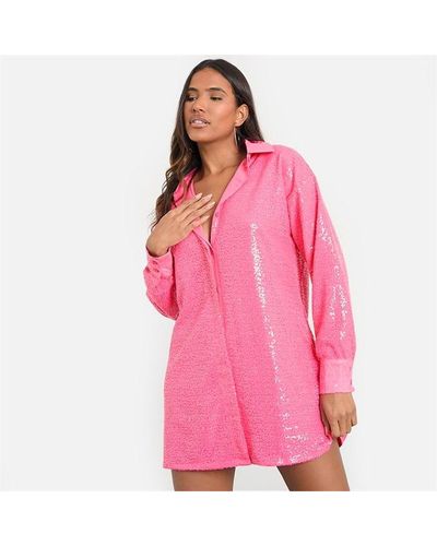 I Saw It First Sequin Oversized Shirt Dress - Pink