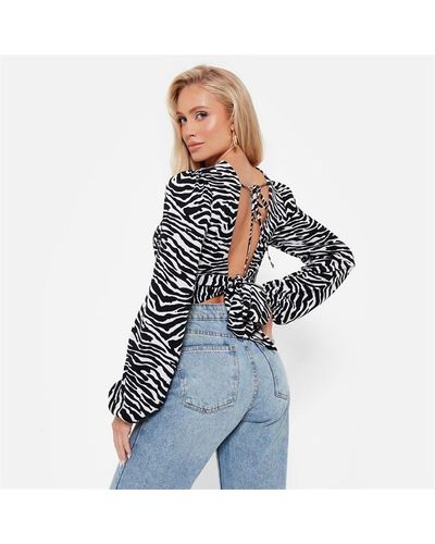 I Saw It First Printed Tie Back Puff Sleeve Cropped Blouse - Blue