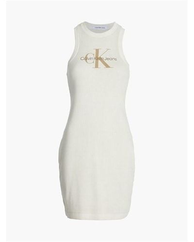 Calvin Klein Slim Ribbed Monogram Tank Dress - White