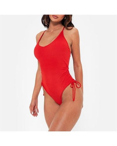 I Saw It First Rib Ruched High Leg Plunge Swimsuit - Red