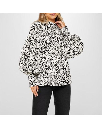 I Saw It First Printed High Neck Deep Cuff Blouse - Black