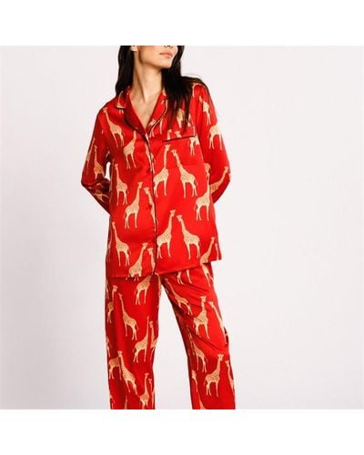 Chelsea Peers Satin Button Up Pyjama Set - Red