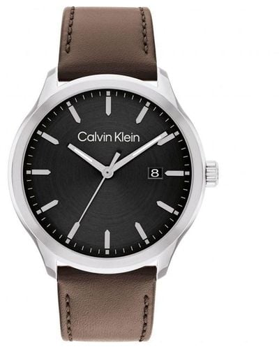 Calvin Klein Brown Leather Strap Watch - Metallic