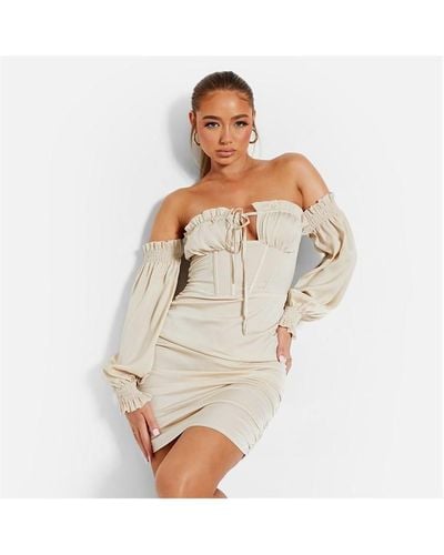 I Saw It First Satin Ruched Tie Corset Balloon Sleeve Bodycon Dress - White