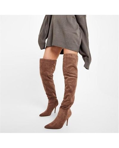I Saw It First Faux Suede Pointed Toe Stiletto Thigh High Boot - Grey