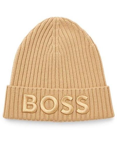 BOSS Ribbed Beanie Hat - Natural