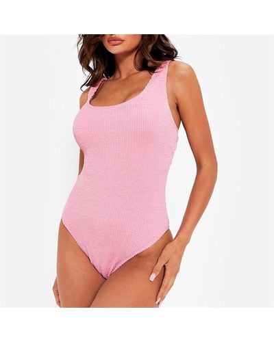 I Saw It First Crinkle High Leg Scoop Neck Swimsuit - Pink