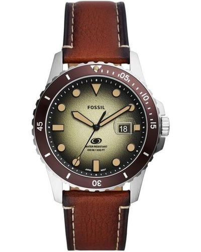 Fossil Gents Blue Brown Strap Green Dial Watch - Multicolour