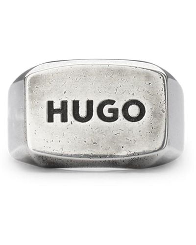 HUGO Bold Logo Signet Ring - Metallic