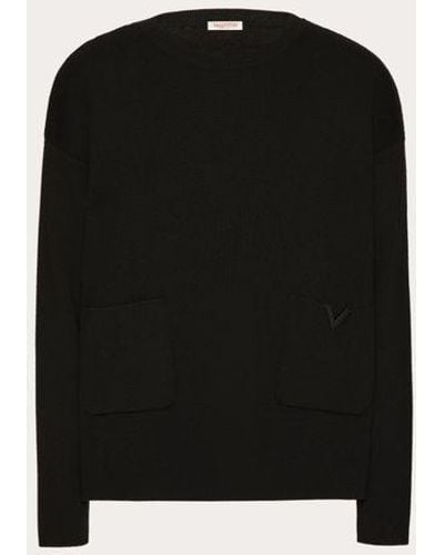 Valentino Crewneck Wool Jumper With Rubberised V Detail - Black