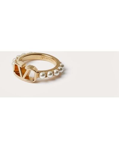 Valentino Garavani Women's Vlogo Signature Metal Ring with Pearls and Crystals - White - Rings