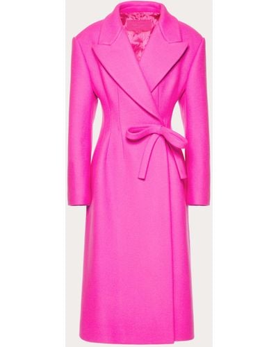 Valentino Diagonal Double Wool Long Coat With Bow Detail - Pink