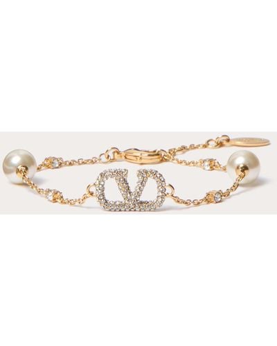 Valentino Garavani Vlogo Signature Bracelet In Metal, Swarovski® Crystals And Pearls - Natural