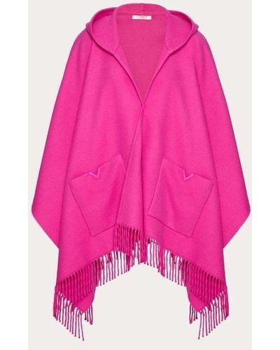 Valentino Garavani V Detail Wool And Cashmere Poncho With Hood And Metal V Appliqué - Pink