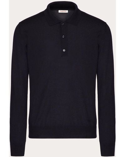 Valentino Long-sleeve Cashmere And Silk Polo Shirt With Vlogo Signature Embroidery - Blue