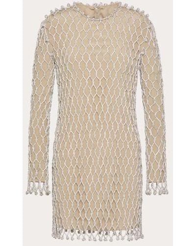 Valentino Embroidered Rhinestone Mesh Short Dress - Natural