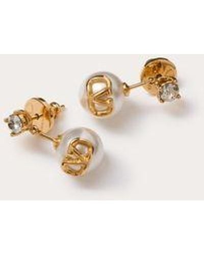 Valentino Garavani Vlogo Signature Metal Earrings With Swarovski® Crystals And Resin Pearls - Natural