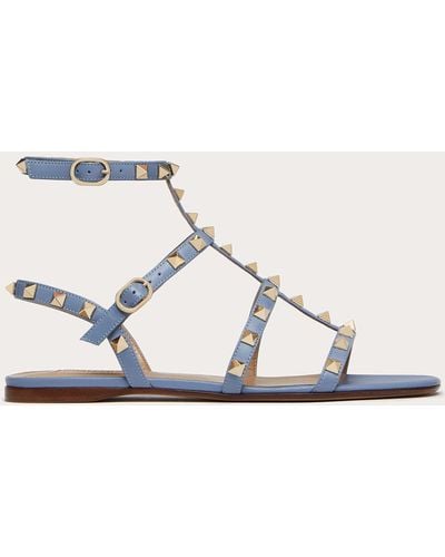 Valentino Garavani Rockstud Flat Calfskin Sandal With Straps - Blue