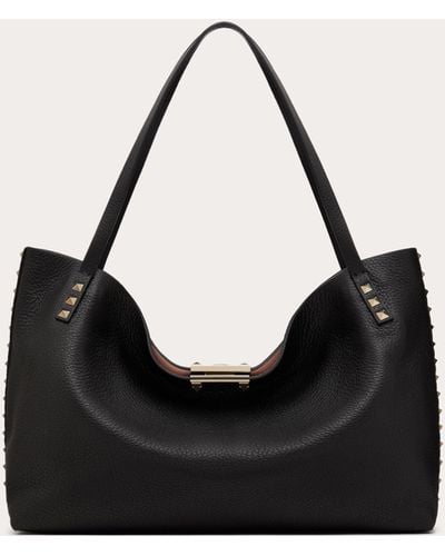 Valentino Garavani Medium Rockstud Grainy Calfskin Bag With Contrasting Lining - Black